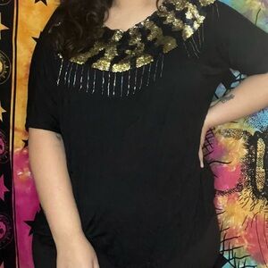 Jane Ashley Black Top with Gold Sequin Design